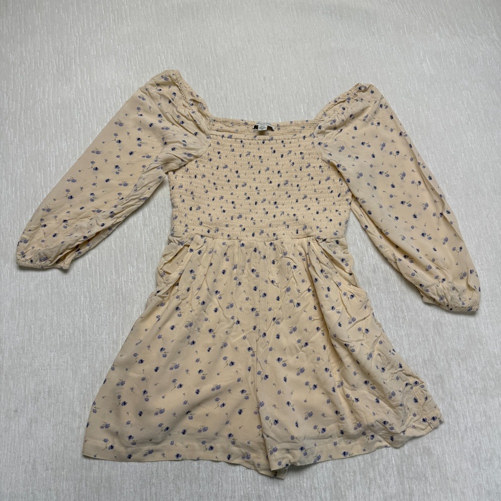 American Eagle Womens Small Yellow Floral Smocked Prairie Peasant Romper Pocket